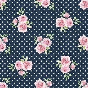 Small Scale Pink Roses on Navy with White Polkadots