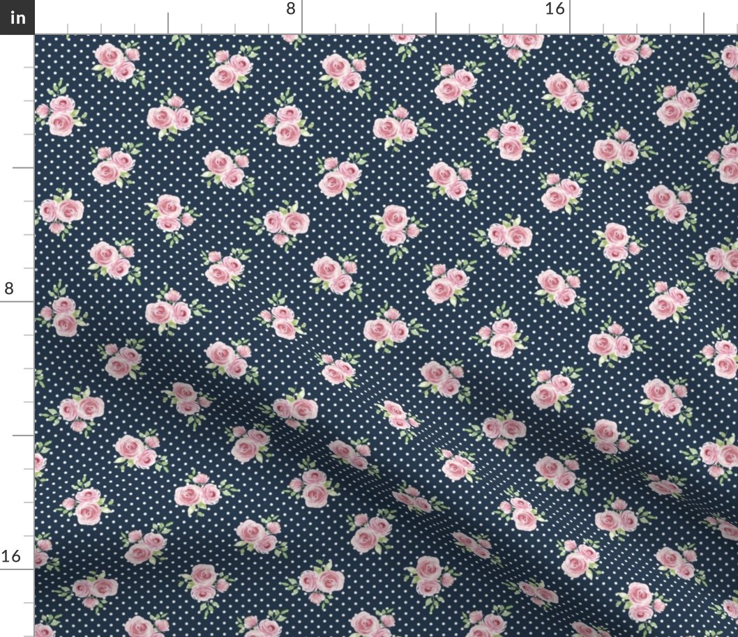 Small Scale Pink Roses on Navy with White Polkadots