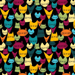 cats - jelly cats misc - bohemian colors on black - cat fabric and wallpaper