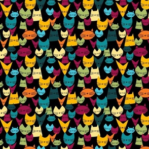 small scale cats - jelly cats misc - bohemian colors on black - cat fabric and wallpaper