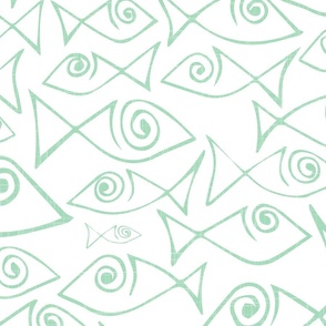 fish - abstract lineart fish - jade - coastal wallpaper and fabric