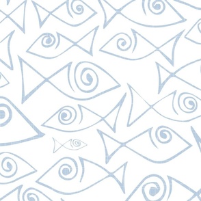 fish - abstract lineart fish - sky blue - coastal wallpaper and fabric