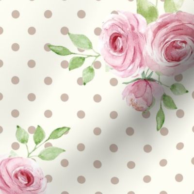 Large Scale Pink Roses on Ivory with Taupe Polkadots