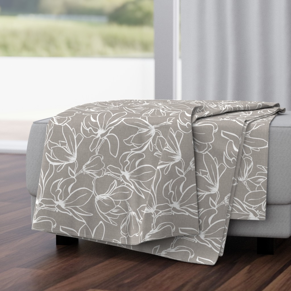 Magnolia Garden Floral - Textured Taupe White Outline Large