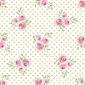 Medium Scale Pink Roses on Ivory with Taupe Polkadots