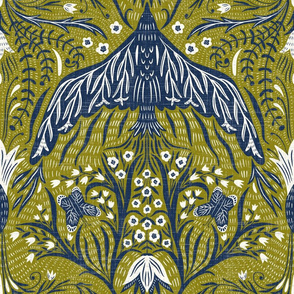 large scale  - New heights  - multidirectional damask- navy and olive