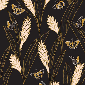 large - ginger flowers and butterflies - black gold and peach