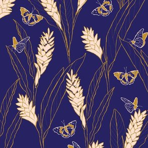 large - ginger flowers and butterflies - blue gold and peach