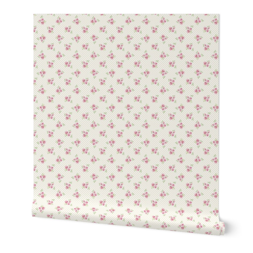 Small Scale Pink Roses on Ivory with Taupe Polkadots