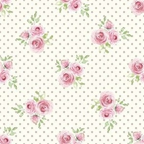 Small Scale Pink Roses on Ivory with Taupe Polkadots