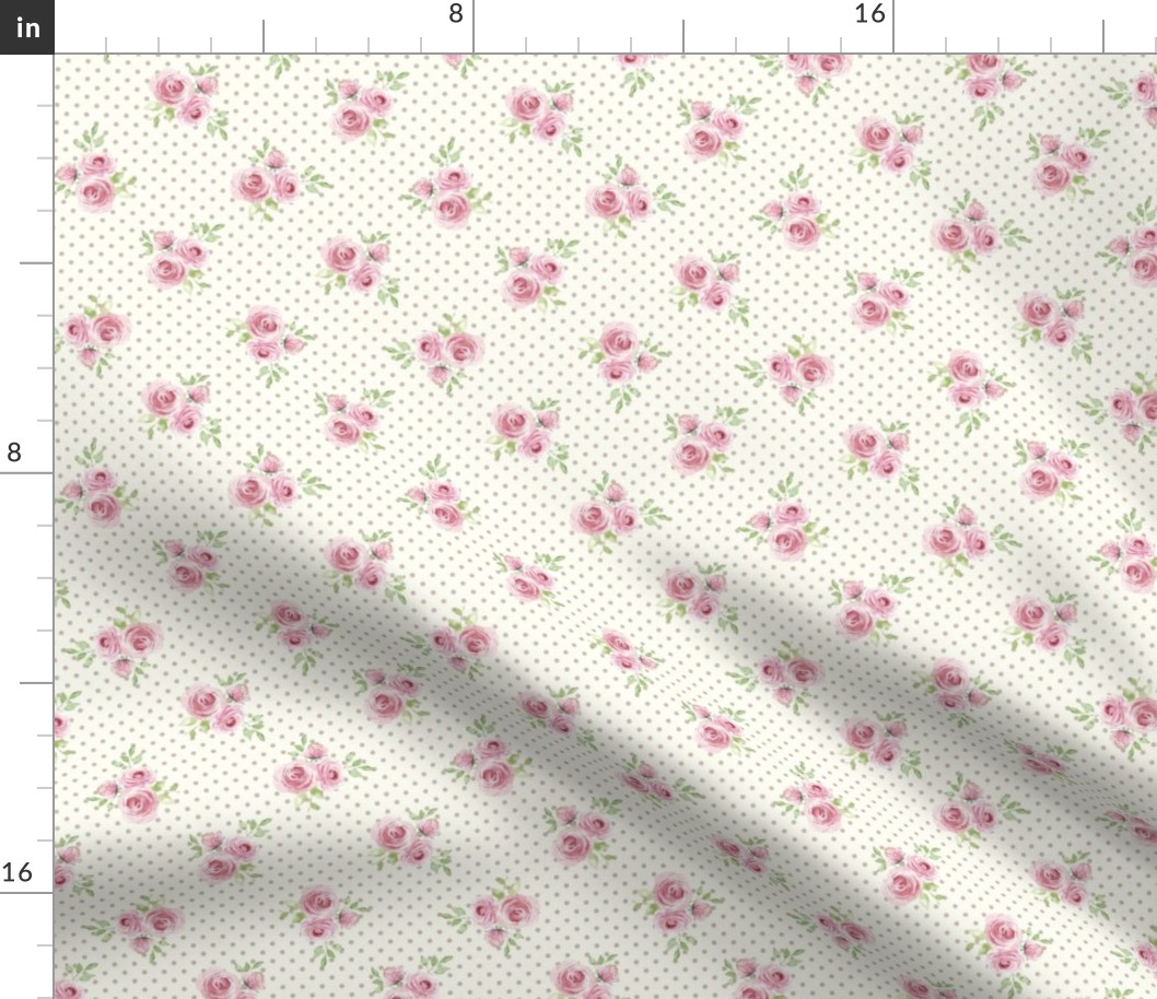 Small Scale Pink Roses on Ivory with Taupe Polkadots