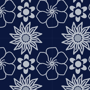 Grey flower pattern on dark blue background