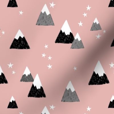 Geometric fuji japan mountain stars illustration winter woodland  coral blush black gray 