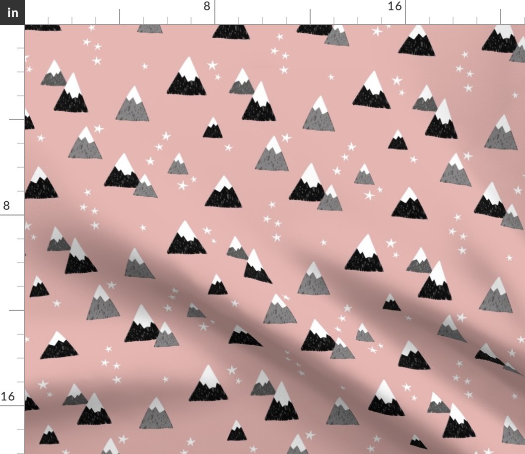 Geometric fuji japan mountain stars illustration winter woodland  coral blush black gray 