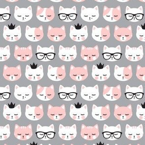 (small scale) cat faces - light pink on grey C20BS