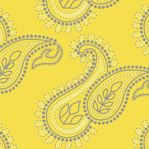 Paisley Chikankari Embroidery in Illuminating Yellow Ultimate Gray White- Jumbo Scale