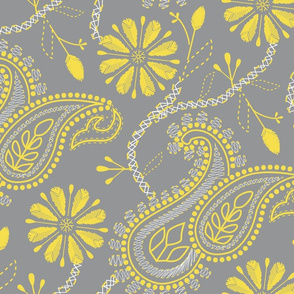Chikankari Paisley Embroidery- Florals in Ultimate Gray and Illuminating Yellow- Large scale