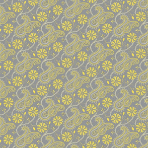 Chikankari Paisley Embroidery- Florals in Ultimate Gray and Illuminating Yellow- Small scale