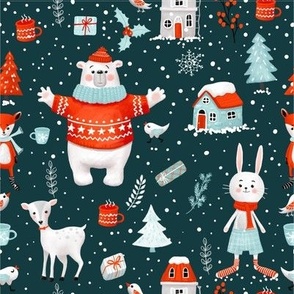 Winter-pattern-cute bear and bunny