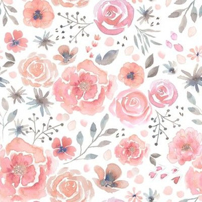 Watercolour Floral Flowers Coral Pink White