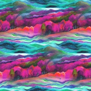 seamless painted mountain turquoise blue pink purple tree forest landscape FLWRHT