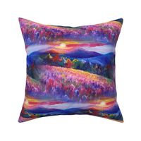 seamless painted colorful sunset flowers field on lake landscape FLWRHT