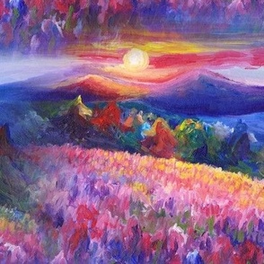 seamless painted colorful sunset flowers field on lake landscape FLWRHT