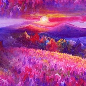 seamless painted colorful sunset flowers field on lake landscape pink fuchsia purple pink FLWRHT