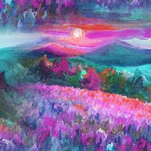 seamless painted colorful sunset flowers field on lake landscape pink turquoise purple FLWRHT