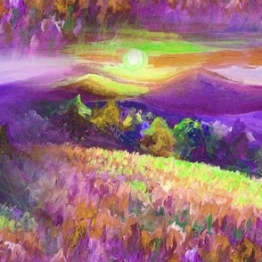 seamless painted colorful sunset flowers field on lake landscape purple yellow FLWRHT