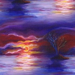 seamless painted sunset tree on lake landscape blue brown FLWRHT