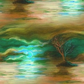 seamless painted sunset tree on lake landscape brown brick emerald aqua blue turquoise FLWRHT