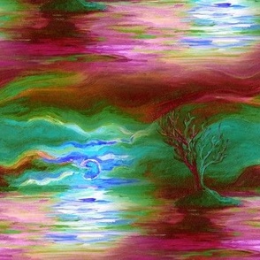 seamless painted sunset tree on lake landscape burgundy green blue FLWRHT