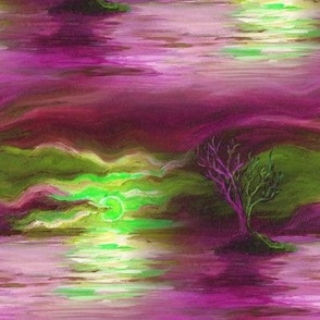 seamless painted sunset tree on lake landscape burgundy green pink FLWRHT