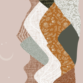 rotated 36x54 blanket: layered mountain // spice no. 2, green olive no. 2, sugar sand, otter lace, 178-14, tess rust