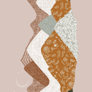 42x72 for crib sheet: layered mountain // spice no. 2, green olive no. 2, sugar sand, otter lace, 178-14, tess rust