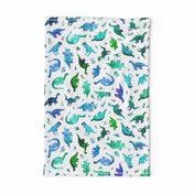 Tiny Tossed Dinos in Blue and Green on White Large Print