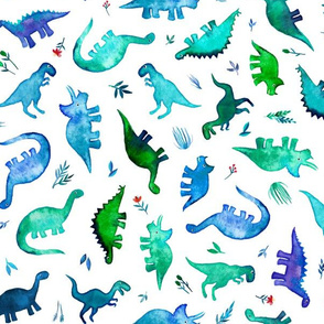 Tiny Tossed Dinos in Blue and Green on White Large Print