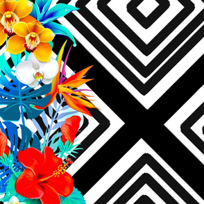Tropical,exotic flowers,diamond shapes,geometric pattern 
