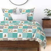Forest Friends Patchwork Cheater Quilt- Teal & Gray, Gender Neutral Woodland Animal Blanket, quilt F