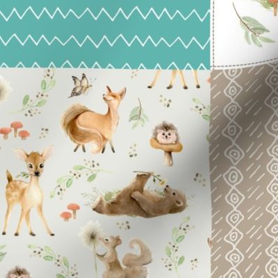 Forest Friends Patchwork Cheater Quilt- Teal & Gray, Gender Neutral Woodland Animal Blanket, quilt F
