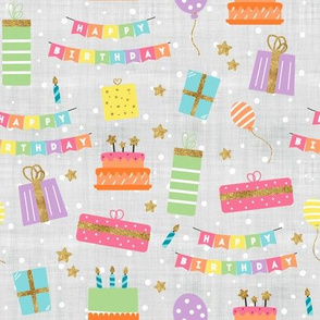 (S Scale) Birthday Scattered Pattern with Confetti on Light Grey Linen