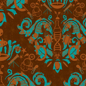 Damask - I Love Science - Copper on peacock and brown