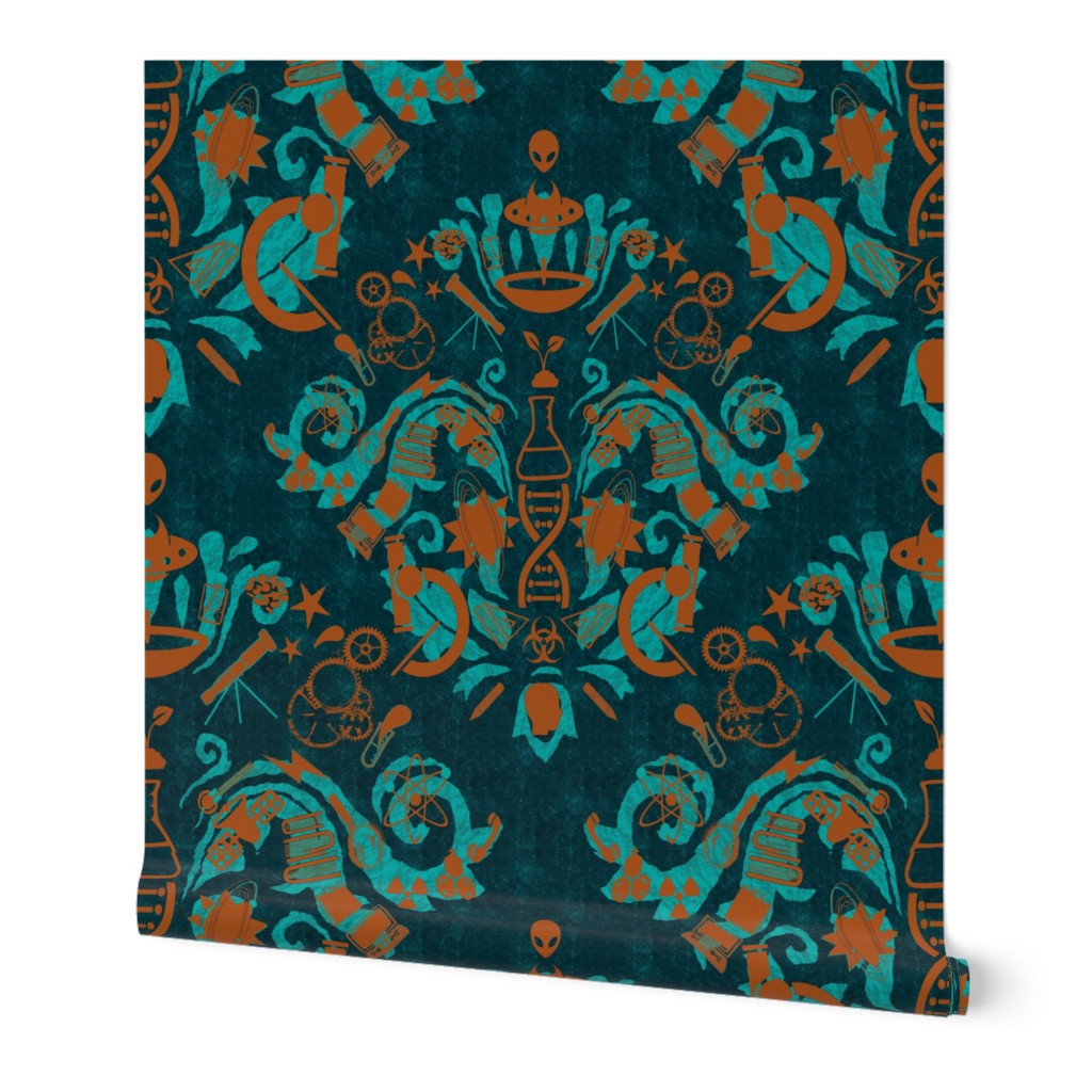 Damask - I Love Science - Copper on Peacock and teal