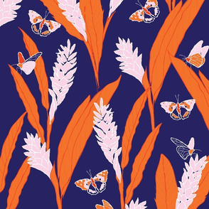 ginger flowers and butterflies - indigo blush orange