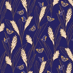 small - ginger flowers and butterflies - blue gold and peach