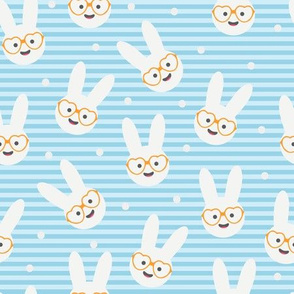 Marshmallow Bunnies Heads with Glasses on Blue Stripes with Confetti
