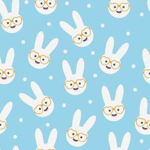 Marshmallow Bunnies Heads with Glasses on Blue with Confetti