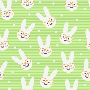 Marshmallow Bunnies Heads with Glasses on Green Stripes with Confetti