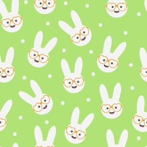 Marshmallow Bunnies Heads with Glasses on Green with Confetti
